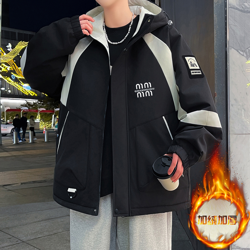 男士外套加绒加厚秋冬季连帽休闲夹克男孩青少年学生防寒保暖棉服