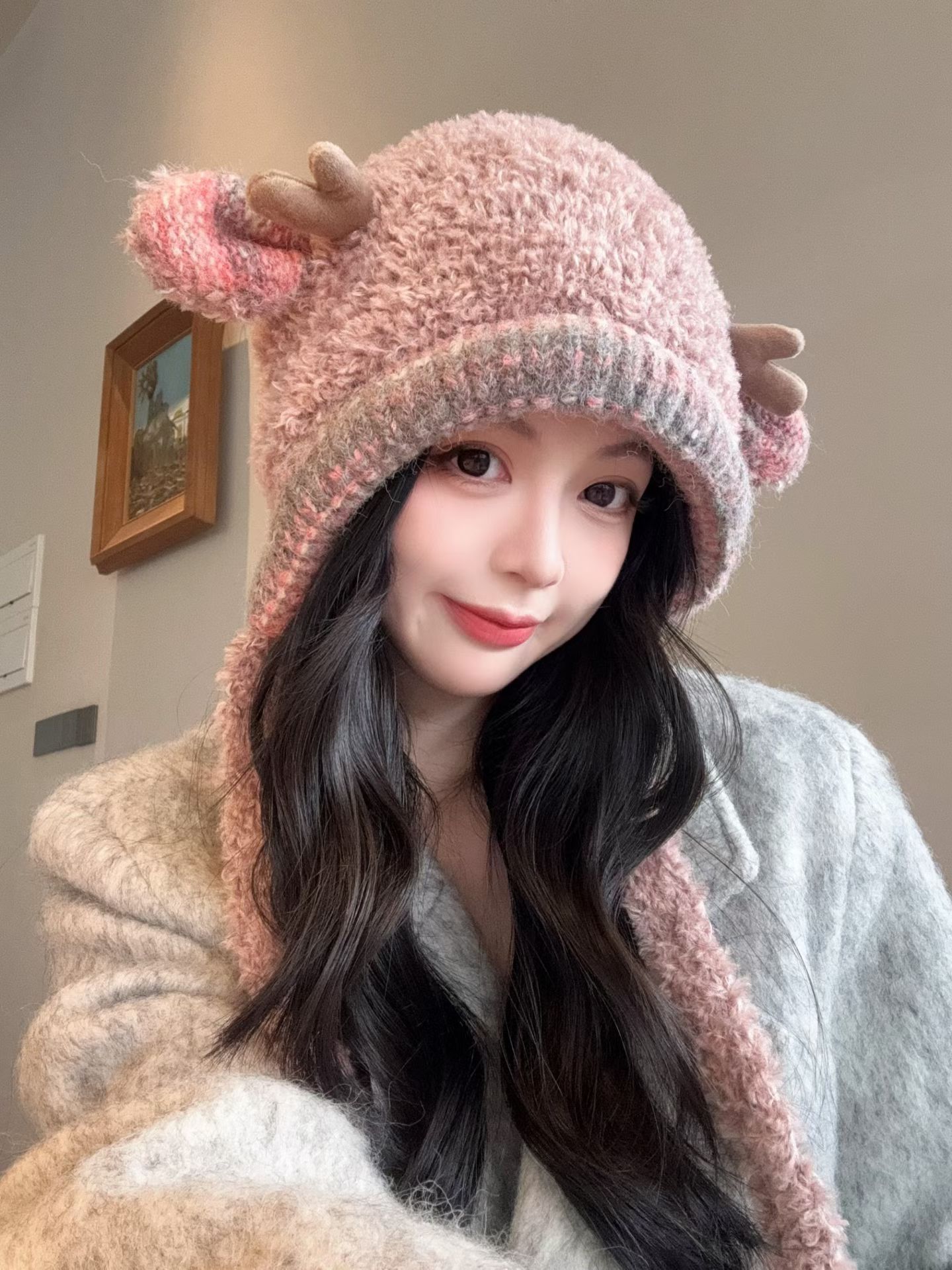 可爱毛茸茸包头帽秋冬保暖护耳套头帽鹿角绑带针织加厚毛绒帽子