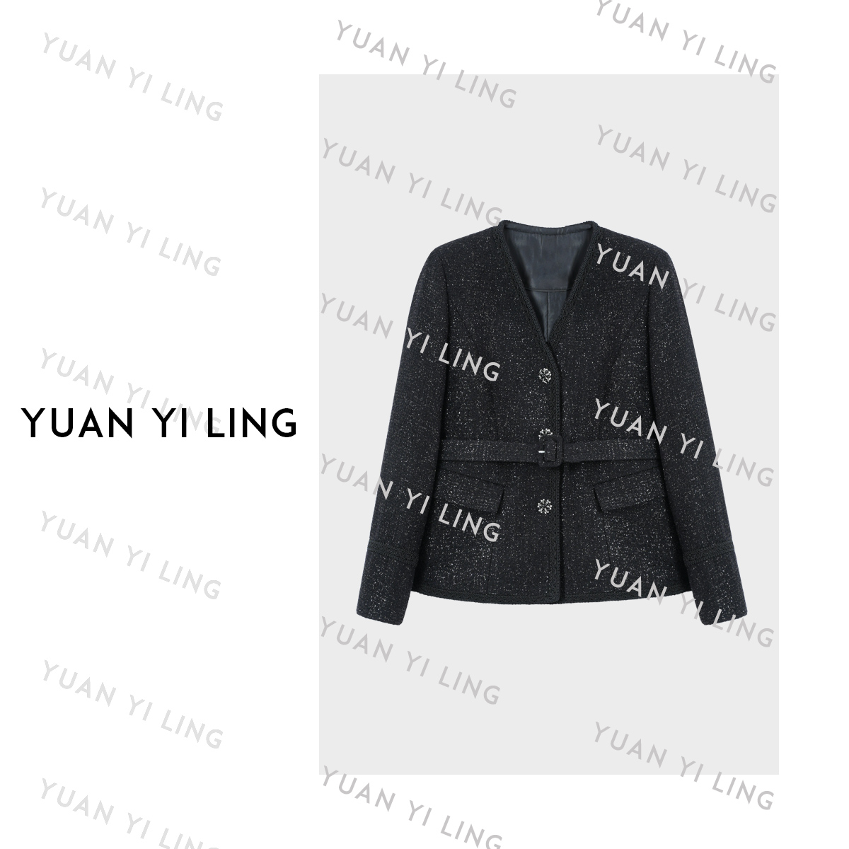 袁艺灵【经典小香】25秋冬羊毛编织感小香V领长袖腰带小香风外套