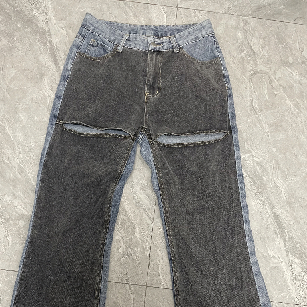 （线头超级多，扣眼以开，默认瑕疵）AB款无弹力破洞喇叭牛仔裤