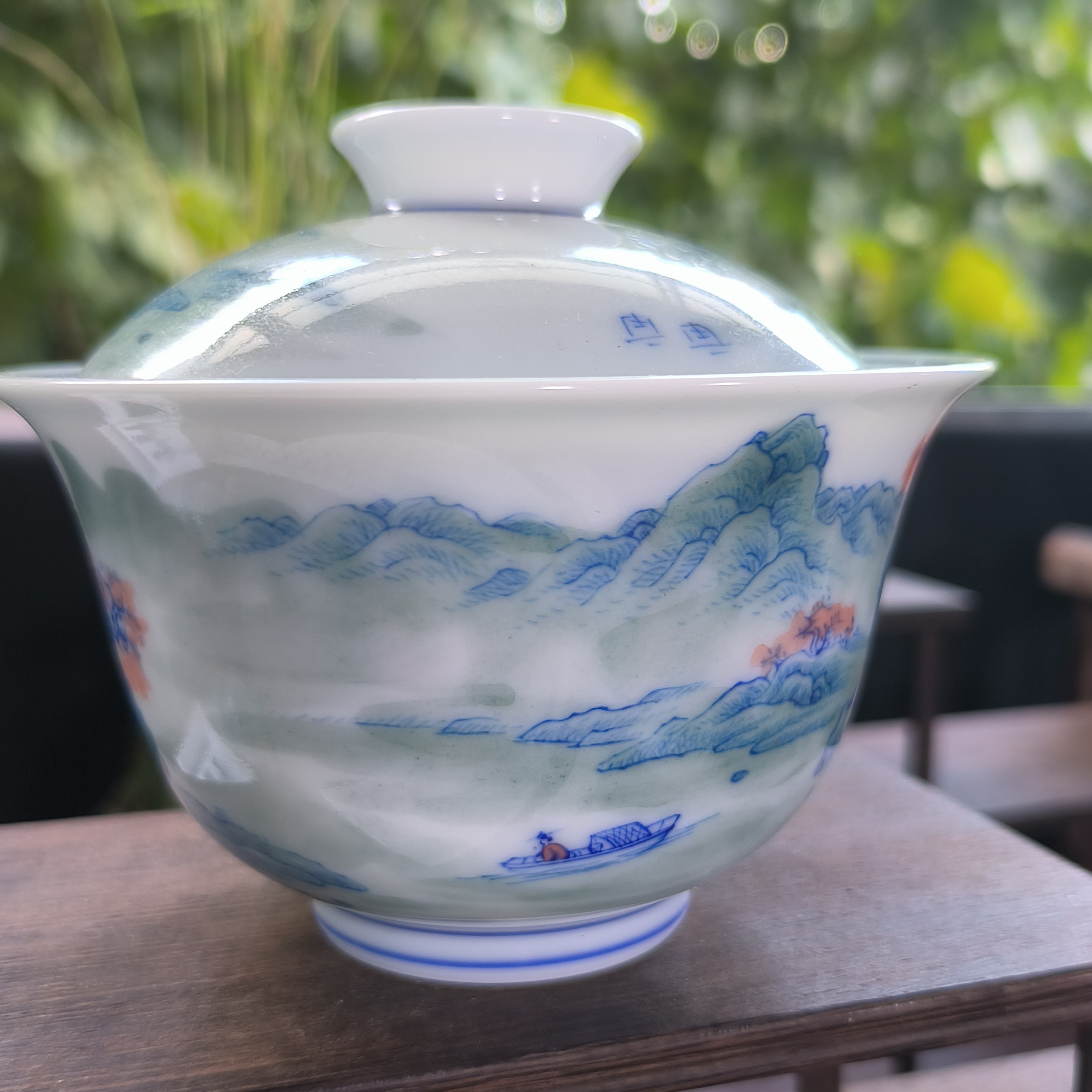 一物一拍景德镇纯手工手绘青绿山水盖碗