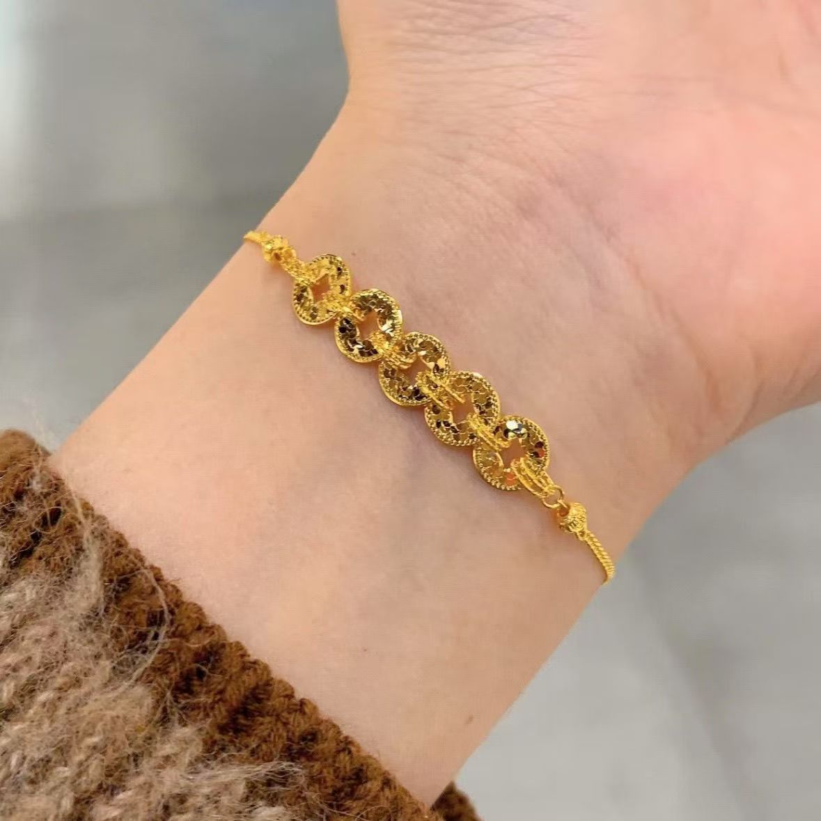 足银手链 时尚轻奢五帝钱碎冰冰手链精致简约百搭环环相扣精美