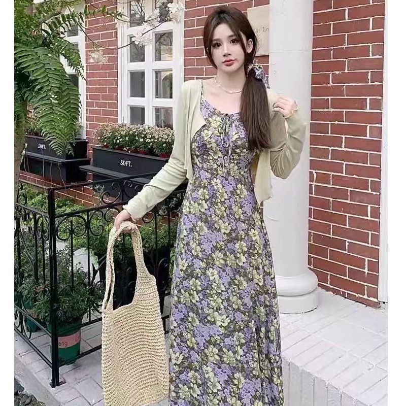 （80-200斤）紫色碎花吊带裙开衫微胖mm气质显瘦温柔茶歇连衣裙1781
