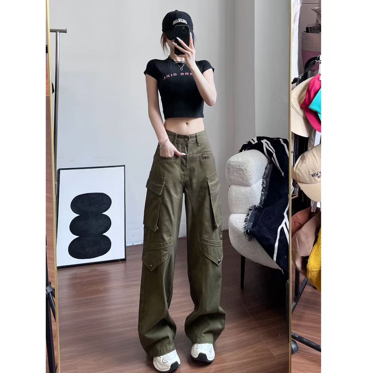 军绿色美式复古工装裤女夏季新款宽松休闲显瘦阔腿长裤-K2906