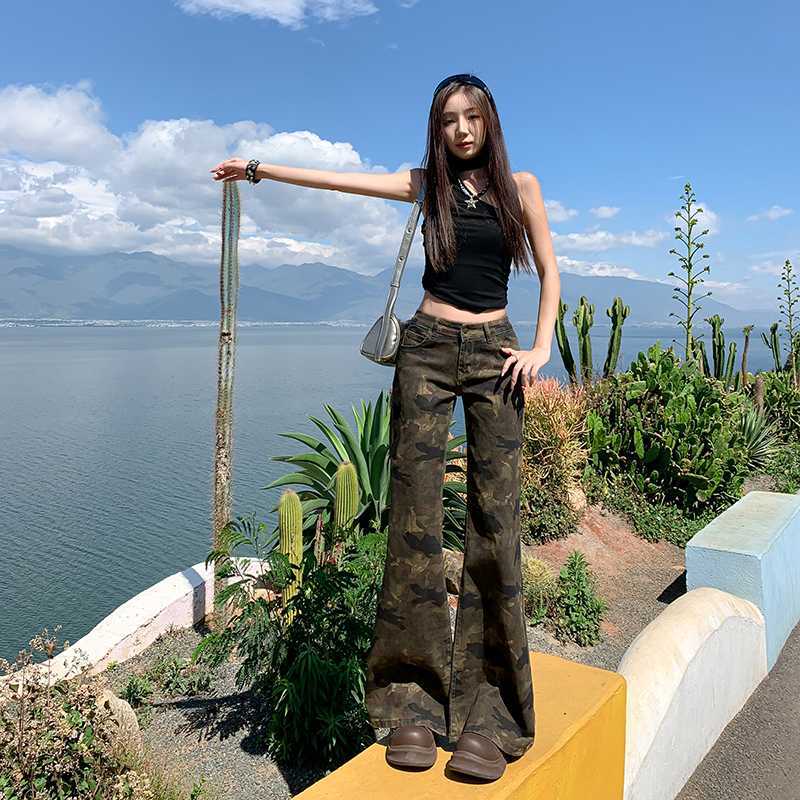 迷彩宽松阔腿牛仔裤女夏季显瘦百搭薄款低腰外穿时尚复古韩版裤子