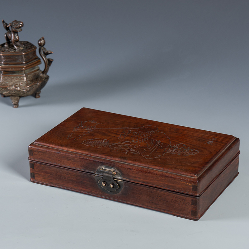 清代 红木阴刻僧人煮茶文房盒拜帖盒 茶室古董收藏真品清代老物件