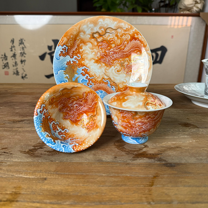 驷九堂 锦鲤化龙图系列 矾红三件套主人杯压手盖碗壶承