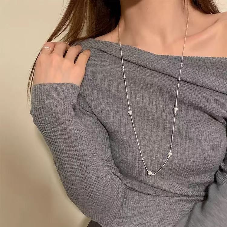 钛钢项链 简约长款可调节钛钢项链女轻奢高级感抽拉式圆球毛衣链