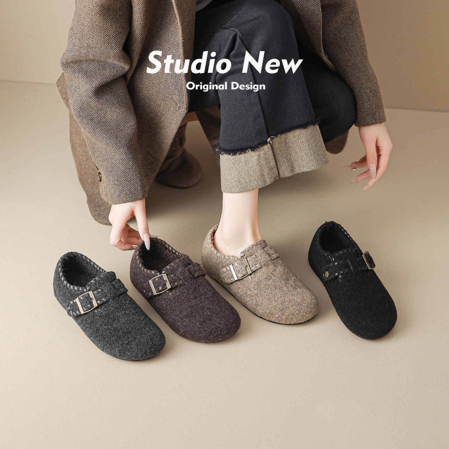 编织小毛呢~~全包保暖加绒勃肯鞋女一脚蹬博肯毛毛鞋-259226-2