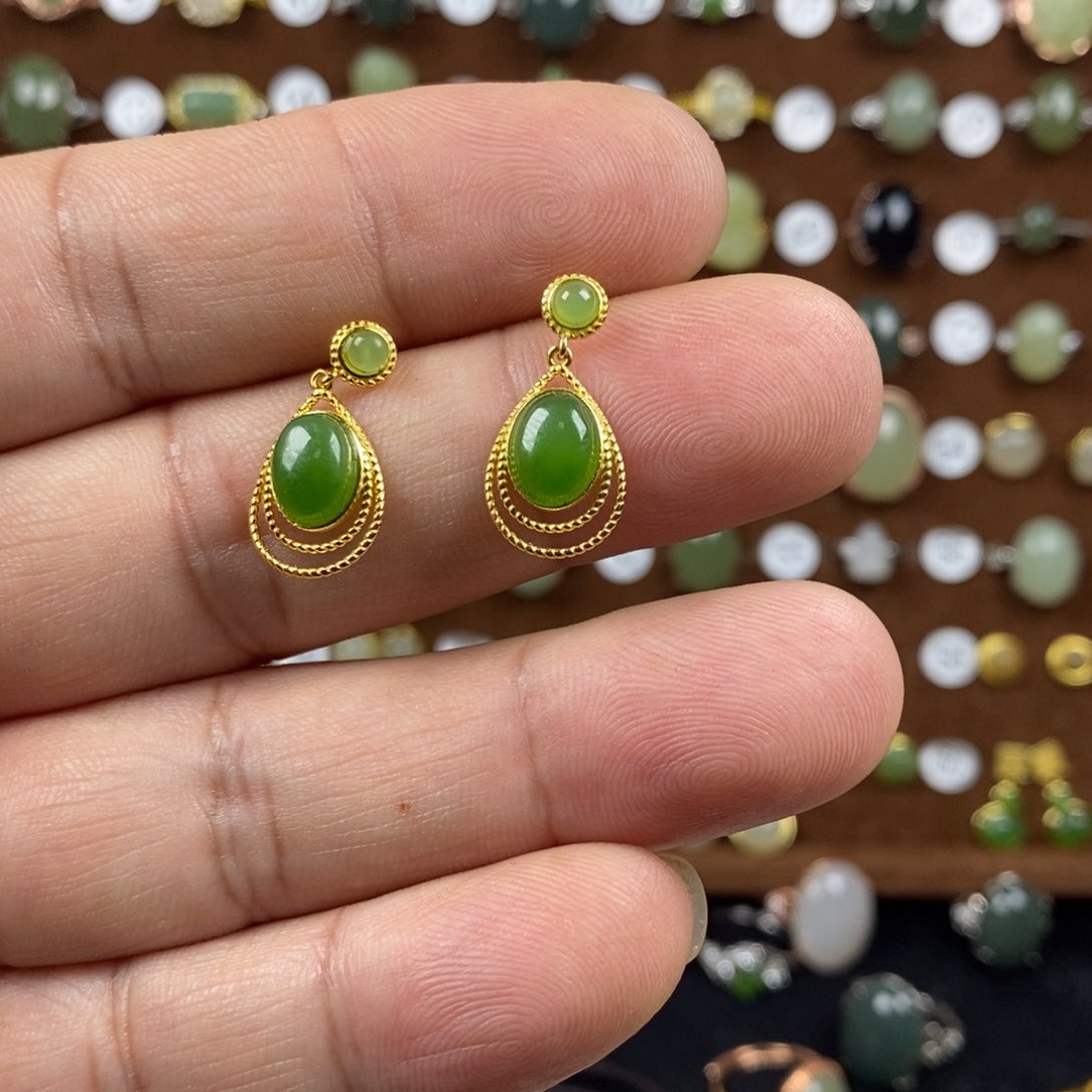 和田玉（碧玉）戒指银S925镀金镶嵌