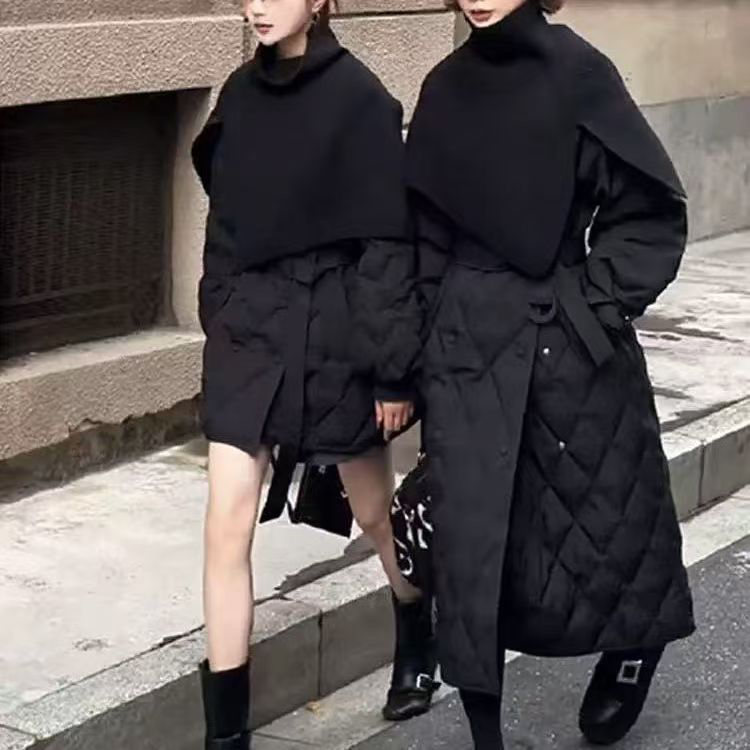 韩系大码黑色菱形格外套夹棉保暖收腰外套