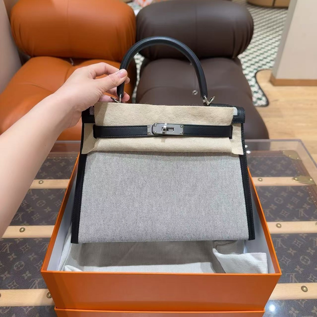 99新 Hermes/爱马仕 kelly 28 熊猫拼帆布限量z刻 国专全套