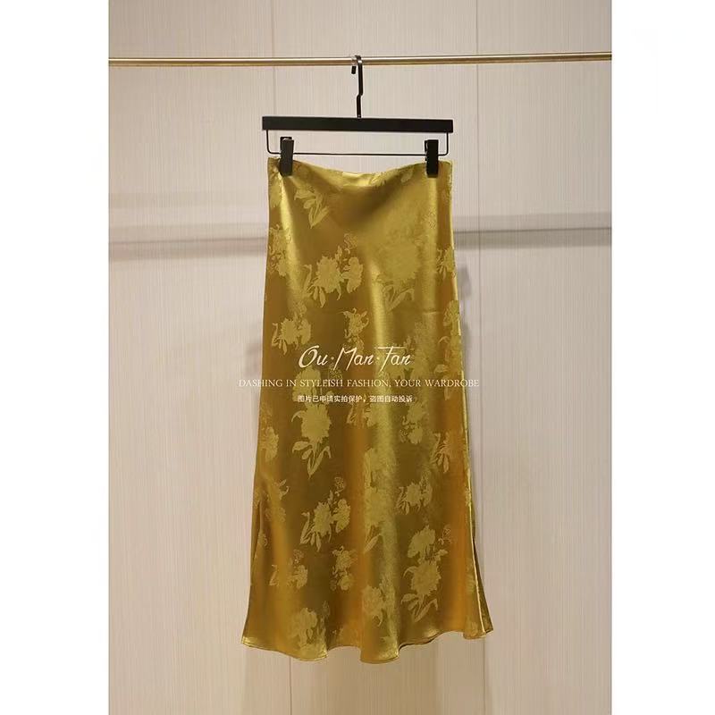醋酸缎面提花半身裙女2025春季新款高腰修身包臀百搭中长款a字裙
