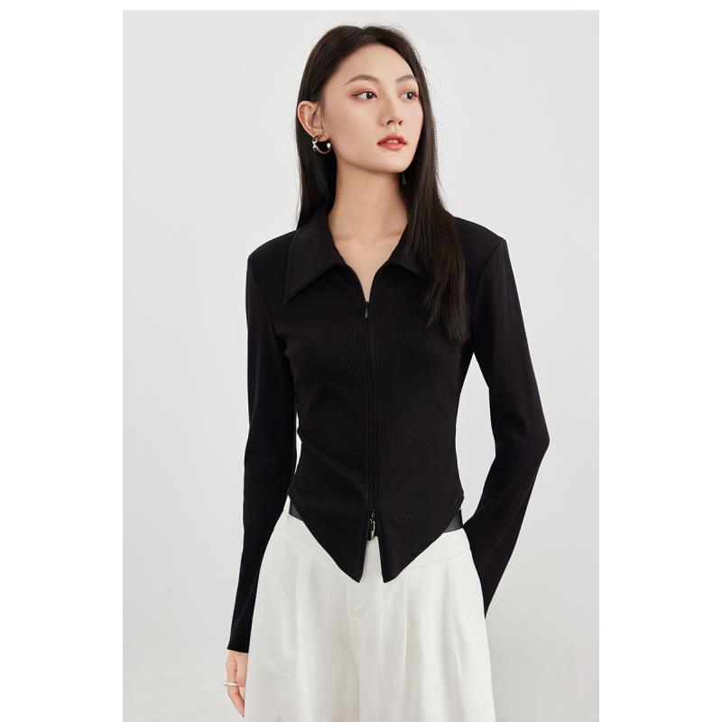 长袖常规短款T恤极简风标准不对称女性POLO领RL25333W001