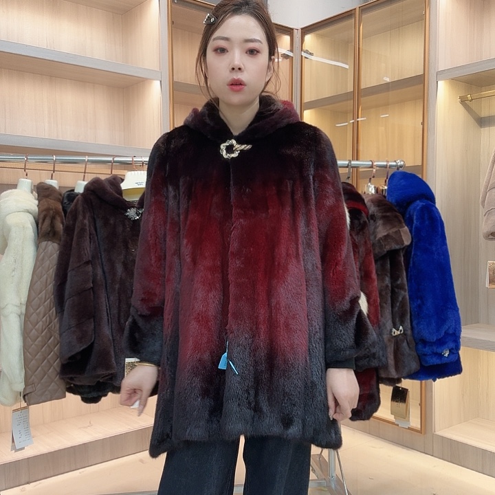 酒红色连帽貂皮yh0573