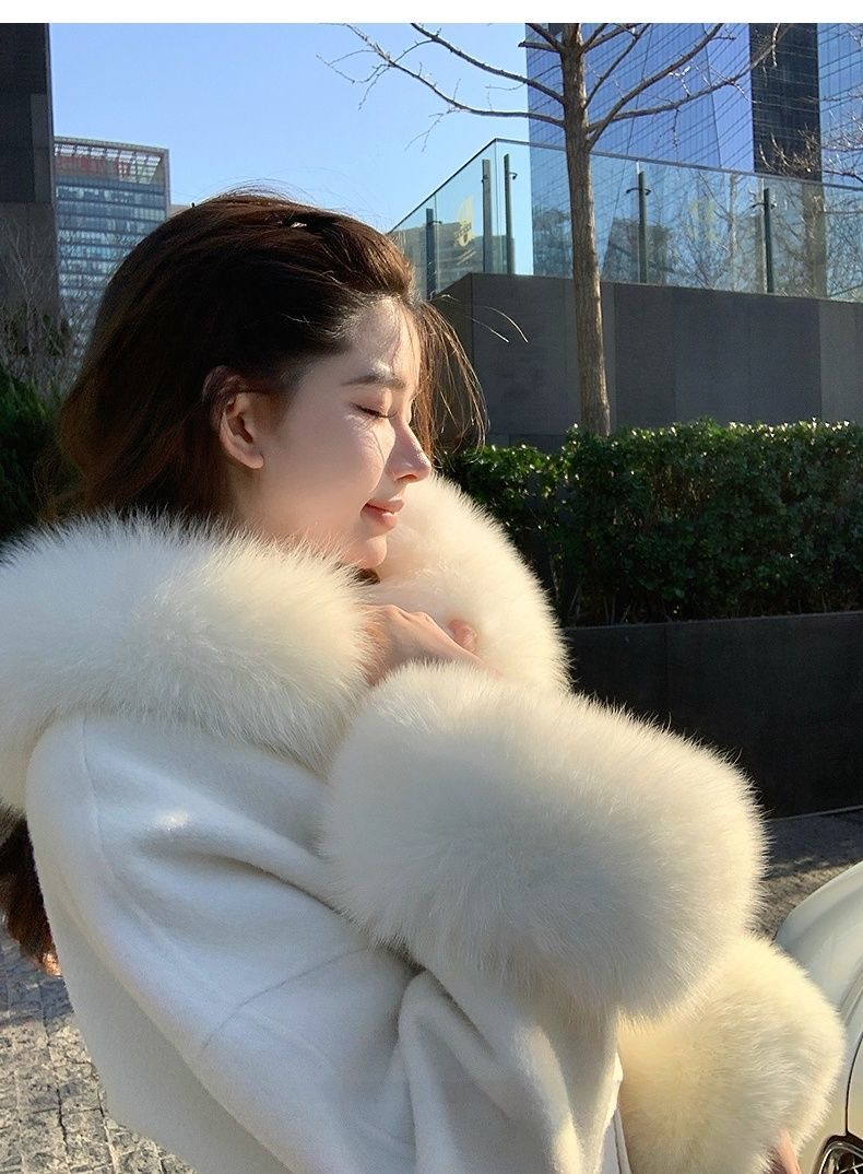 双面呢子大衣女秋冬高级感大毛领中长款气质女士网红款羊毛呢外套