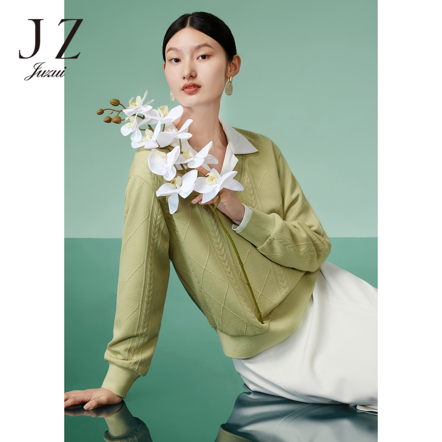 【丽公主专属】JZ-JTDC82121设计感提花套头针织衫女装卫衣绿色