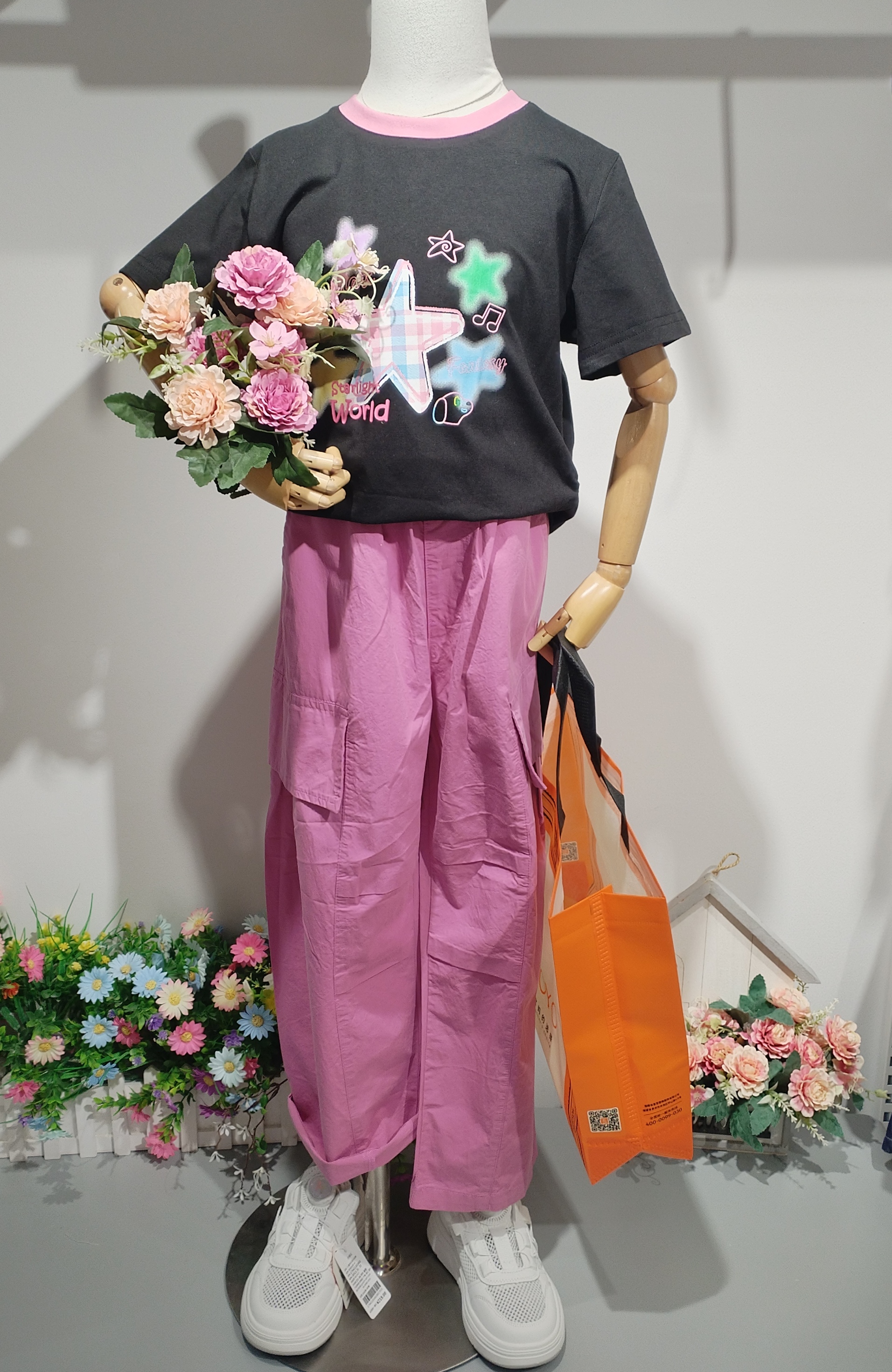 女大童多彩五星抽皱T恤