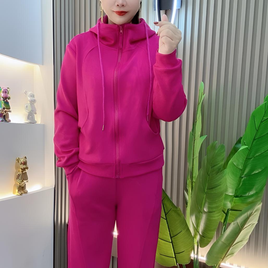 加绒加厚连帽2025新款时尚百搭休闲套装网红洋气减龄显瘦弯刀裤