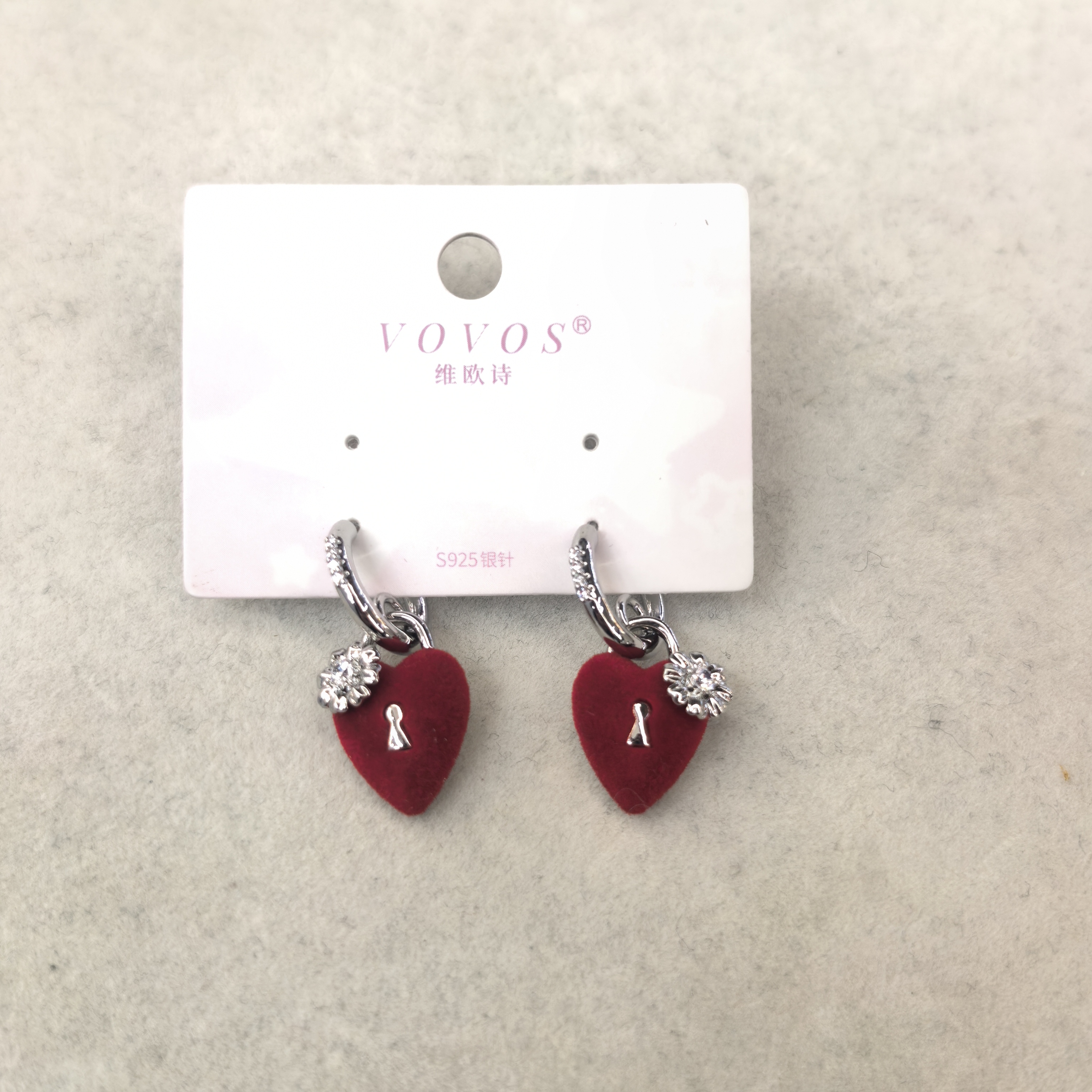 铜合金锆石耳饰 D114红色爱心花朵闪闪C圈款耳钉耳饰