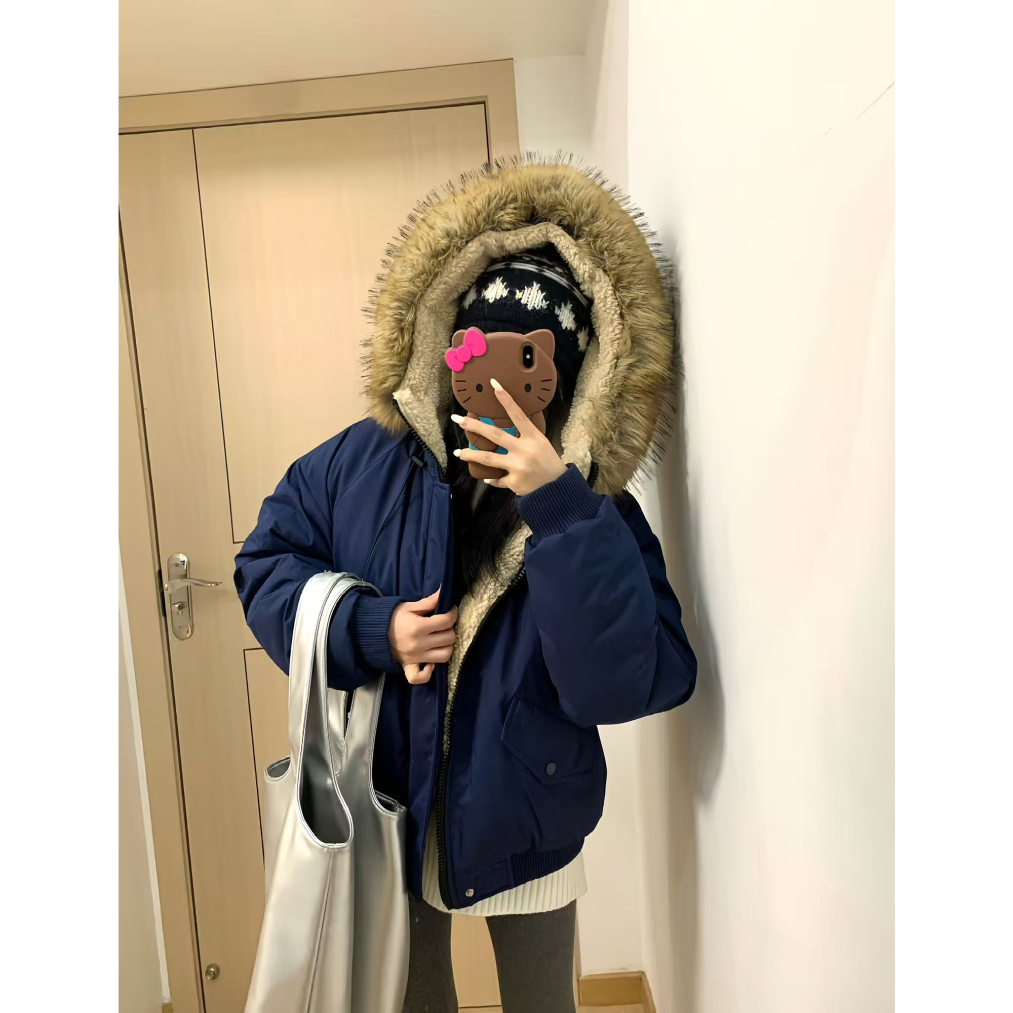 ANDEARDI连帽大毛领仿羊羔毛拼接加厚保暖棉衣外套女韩版宽松上衣