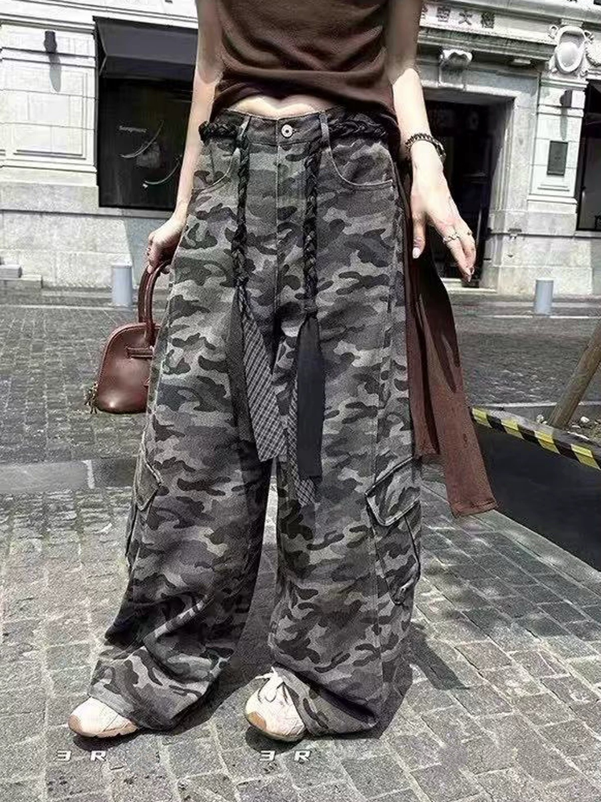 【18809】可#高腰迷彩工装宽松牛仔裤