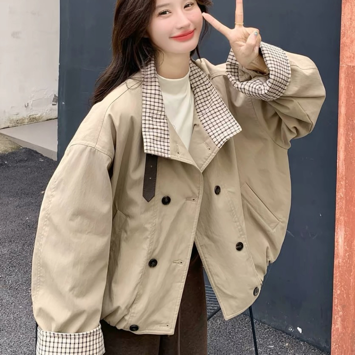 8586 百搭毛绒格子拼接减龄加毛外套