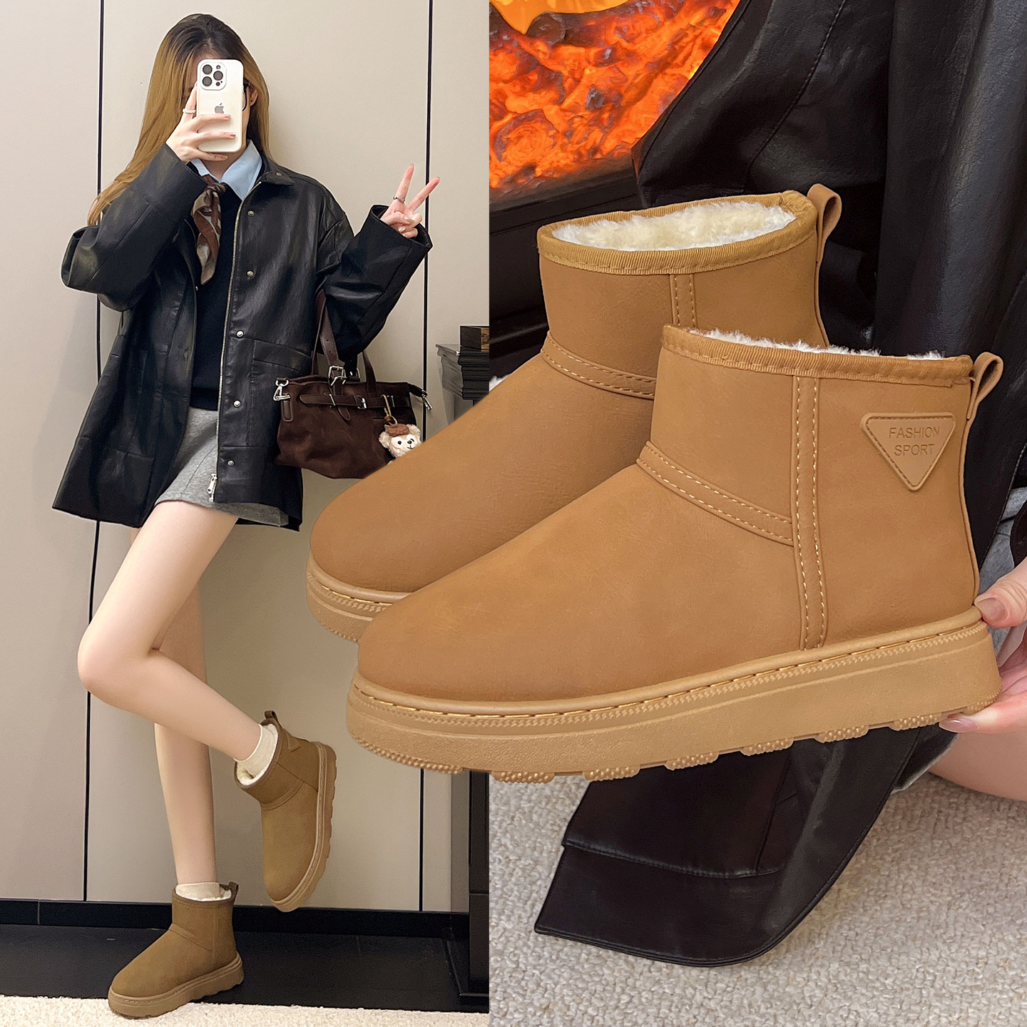 2025冬季加厚吸震一脚蹬保暖压花皮时尚百搭雪地靴加绒厚底雪地靴