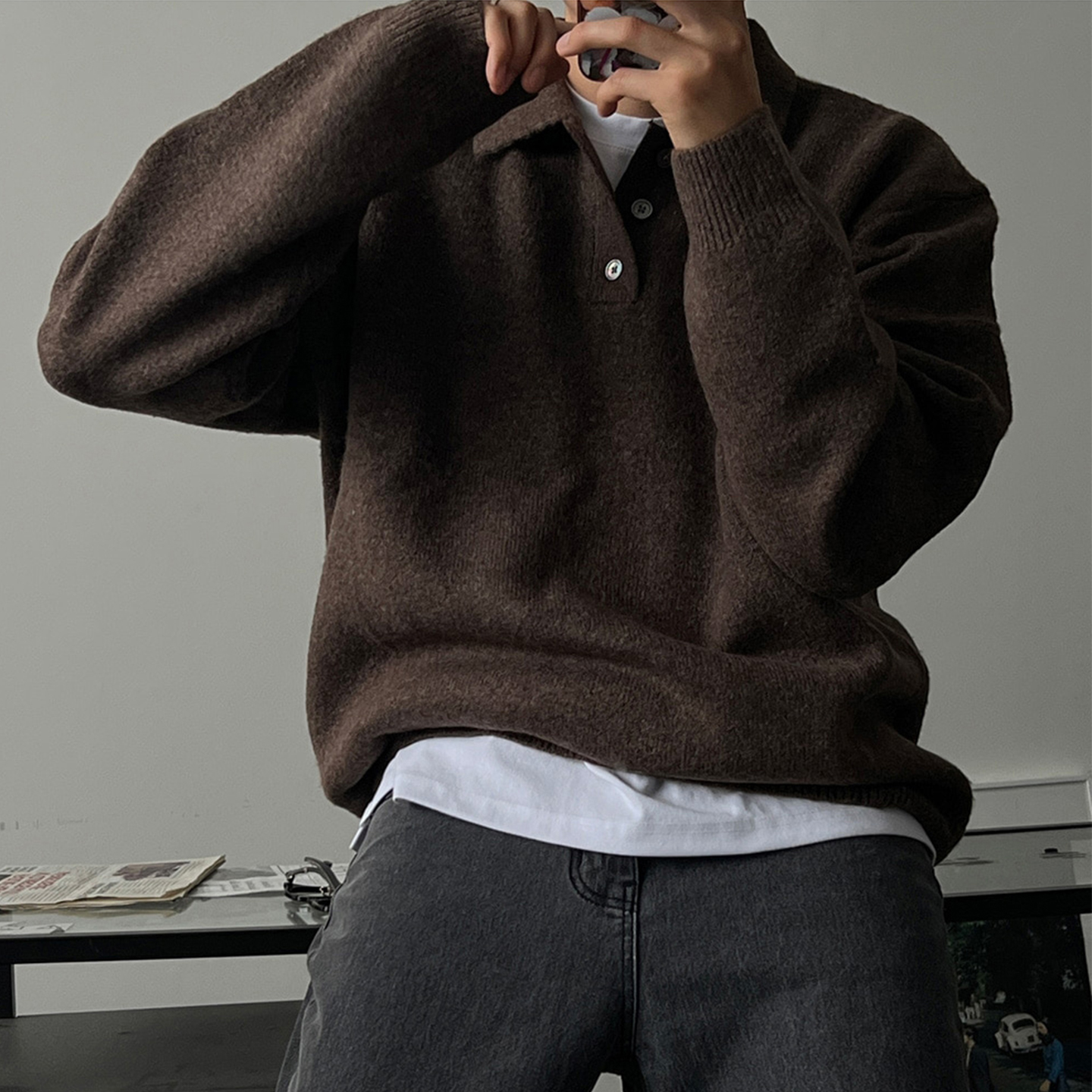SSUMENAM「老钱风 新贵」翻领POLO毛衣男秋季宽松休闲长袖针织衫