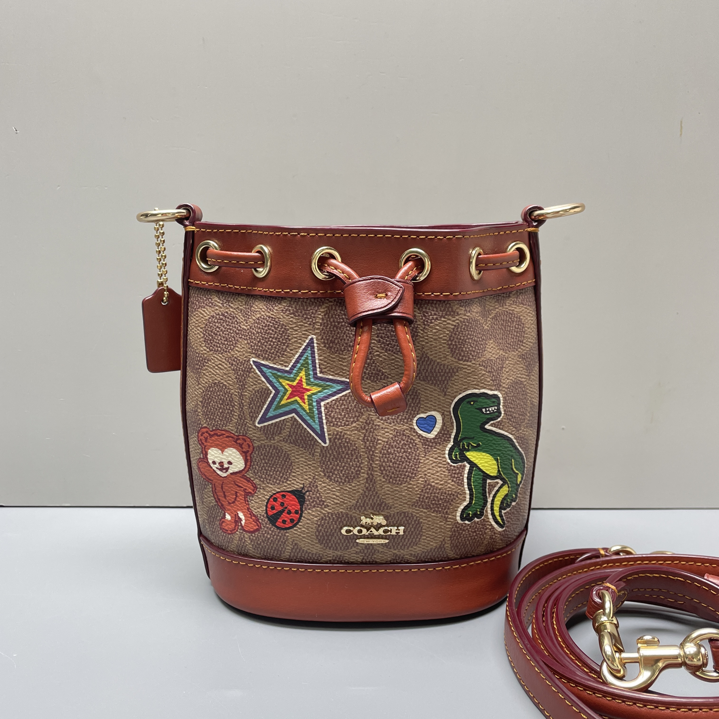 99新 COACH/蔻驰 恐龙印花抽绳迷你水桶包15X17X9cmM021413