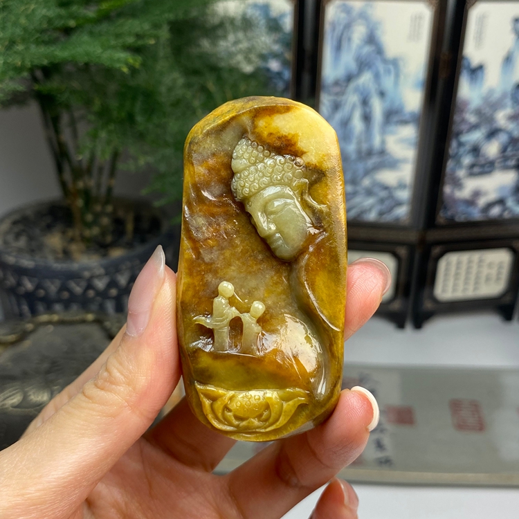 毛货  黄翡飘花花开见佛悟道挂件 天然翡翠A货  