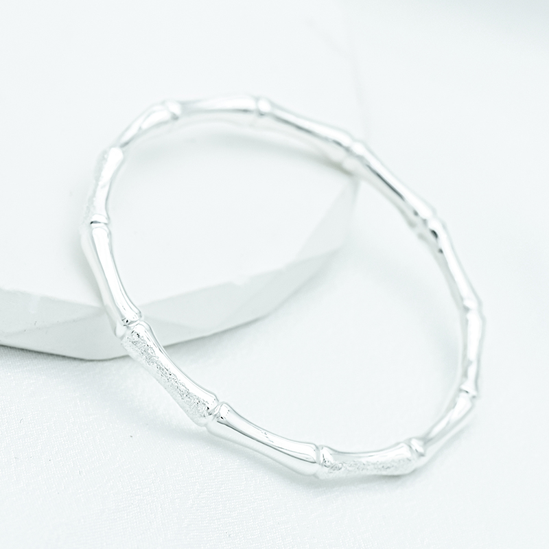 足银手镯 假一赔十足银999.9竹节手镯女纯实心银钉砂百搭拼接镯子