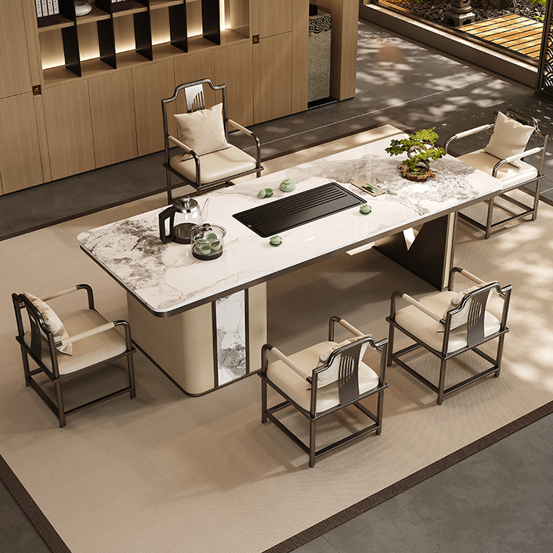 岩板茶桌现代简约轻奢泡茶桌椅组合一桌五椅办公室茶台烧水壶一体