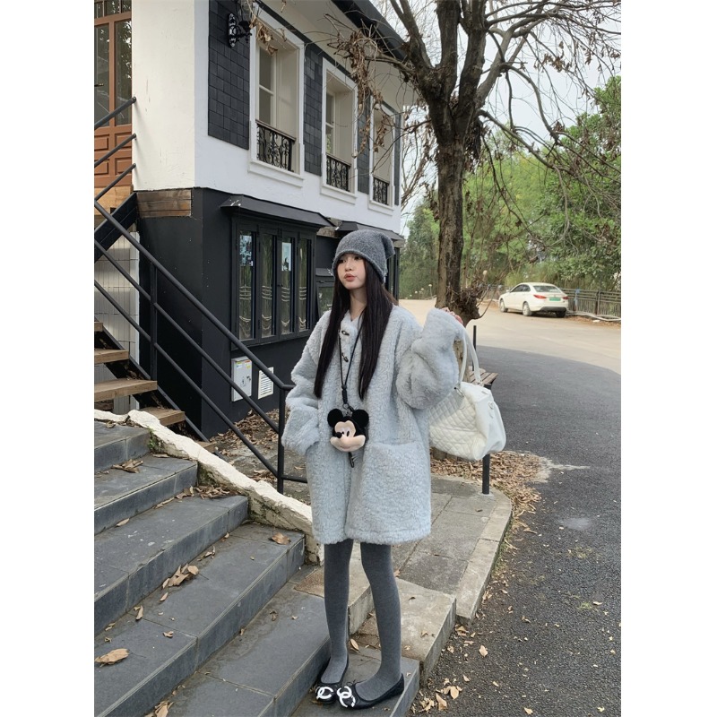 2025新款布朗小熊中长款皮毛一体仿羊羔毛韩系宽松立领毛绒外套女