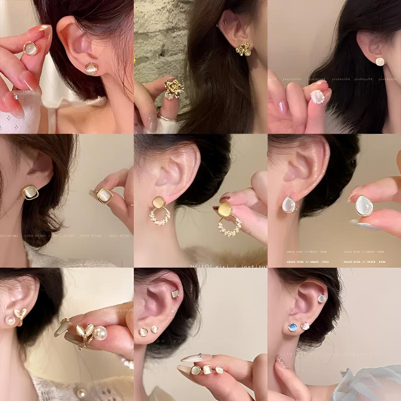 铜合金仿珍珠耳饰 铜合金轻奢气质猫眼石耳钉秋冬时尚百搭耳饰