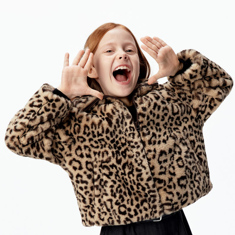 littlemoco童装26春装新款男女童仿兔毛豹纹外套摇滚上衣新年