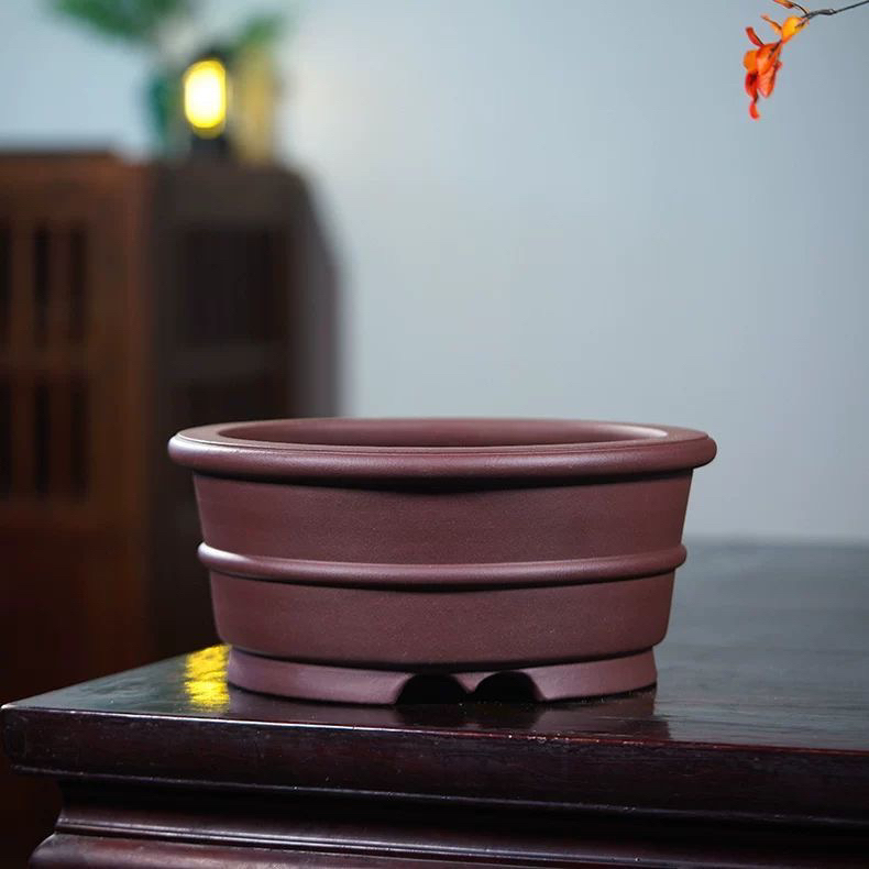紫砂花盆圆形盆景盆古典大号简约素烧展览松柏花卉桌面精品家用