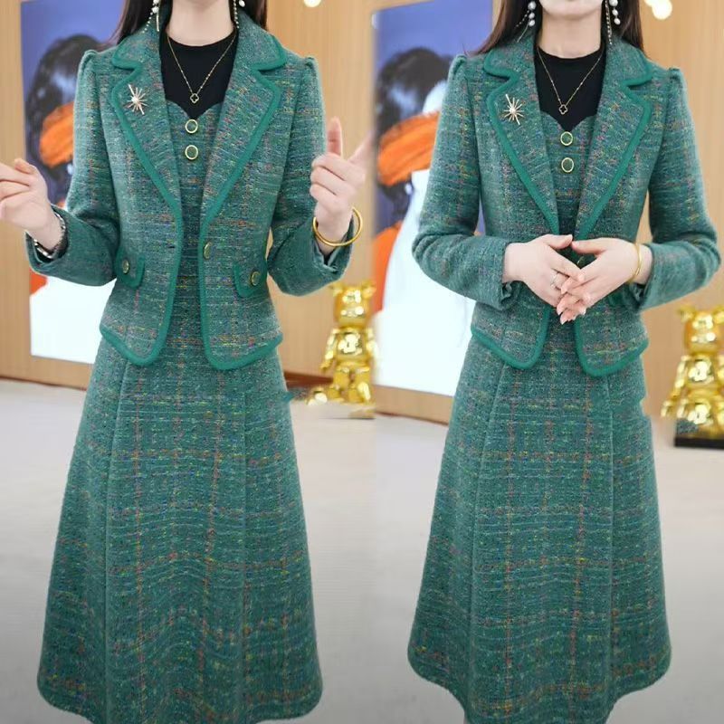 休闲风女装时尚套装格子西装小香风连衣裙气质套装