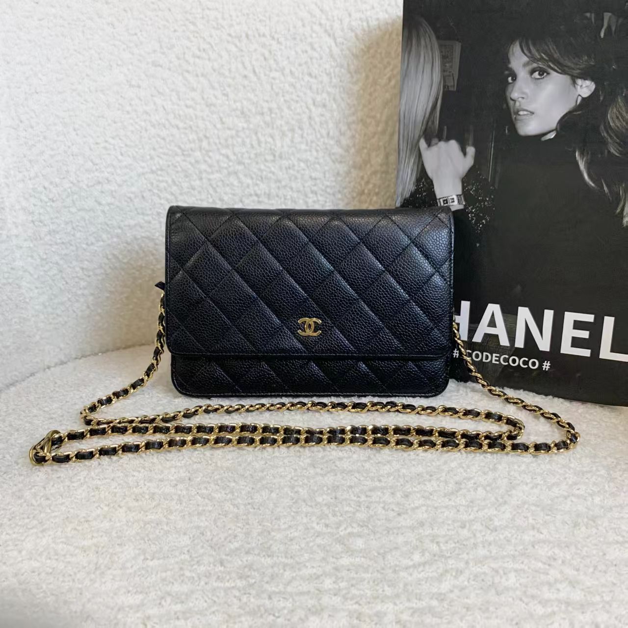 99新 Chanel/香奈儿 壹臻/ 黑金荔枝牛woc 22开单肩包 64849055