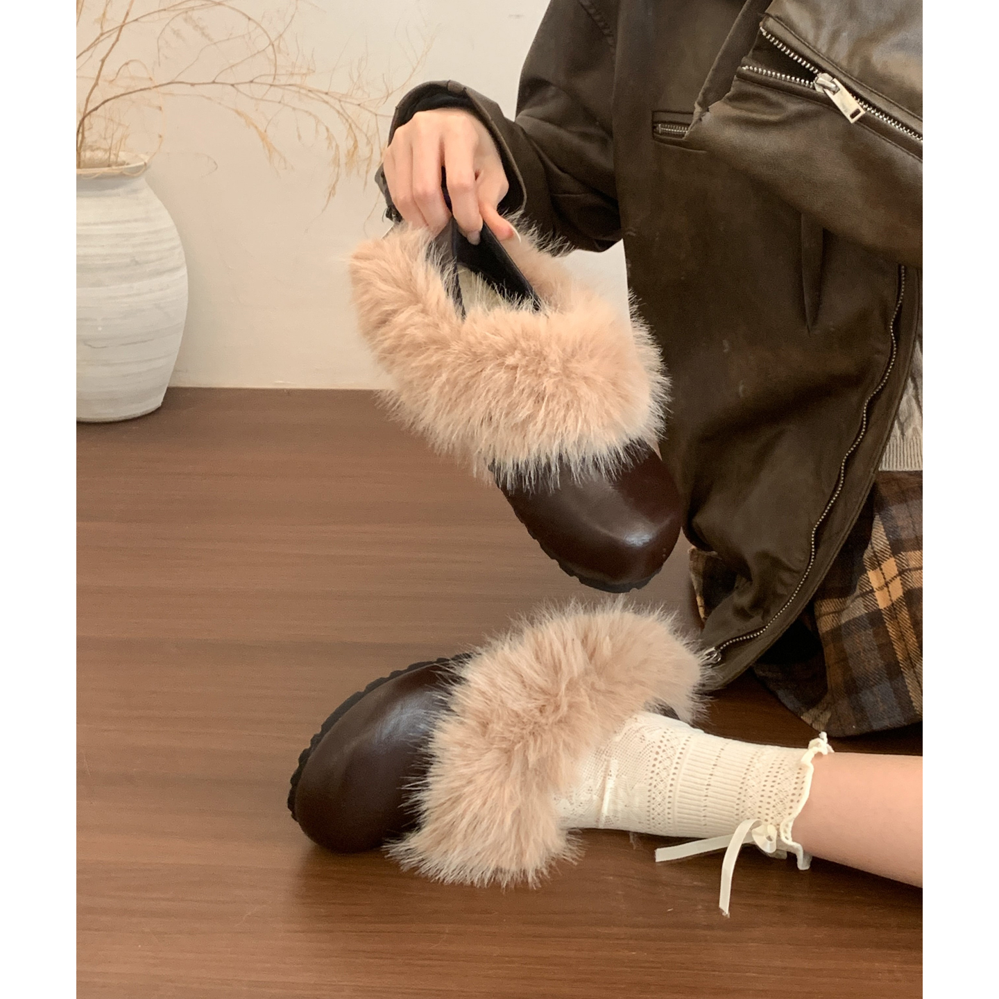 4CM增高！复古加绒毛毛乐福鞋女秋冬两穿软底豆豆鞋保暖懒人棉鞋