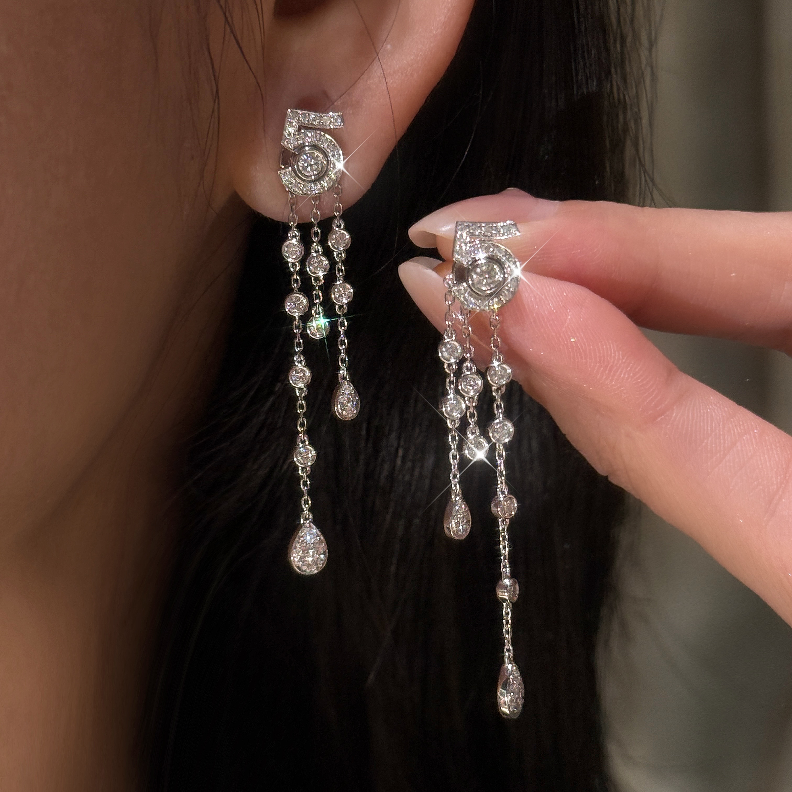 QANNA【满钻大号5号流苏】【多戴款】简约轻奢豪华天然钻石耳环耳钉AY