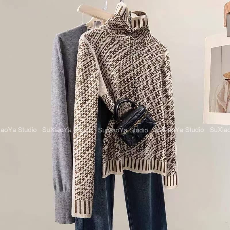 【高领撞色加绒打底衫】冬装新款女装撞色条纹时髦拼接短款显瘦上衣