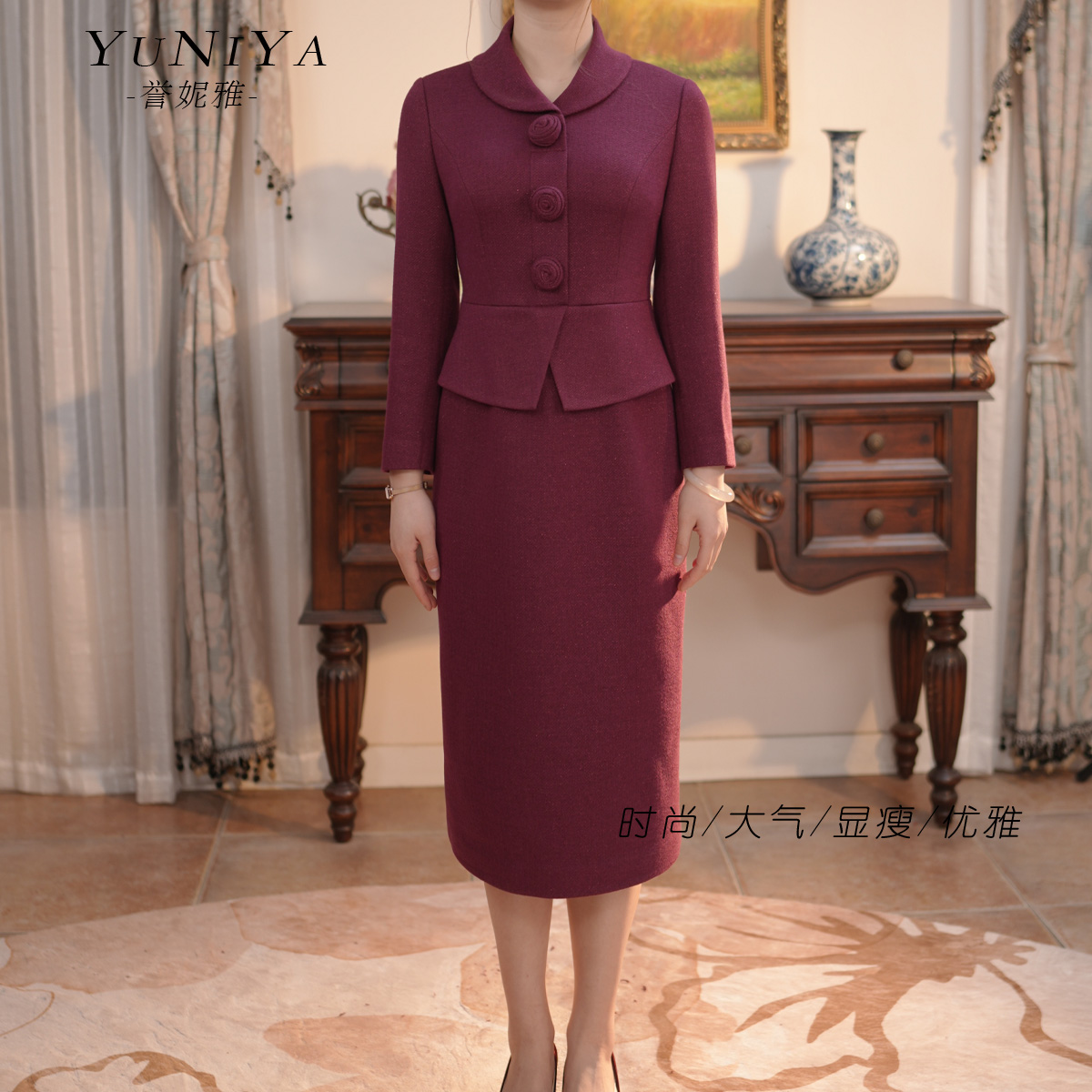 28102冬季新款绵羊毛长袖连衣裙红色气质显瘦职业装喜婆婆装礼服