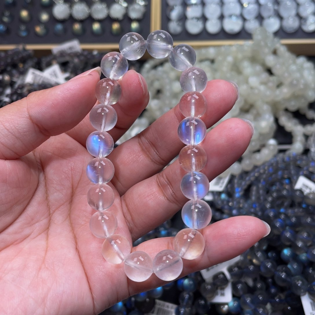 月光石手链未镶嵌Z***X冰透体蓝月光手链10mm