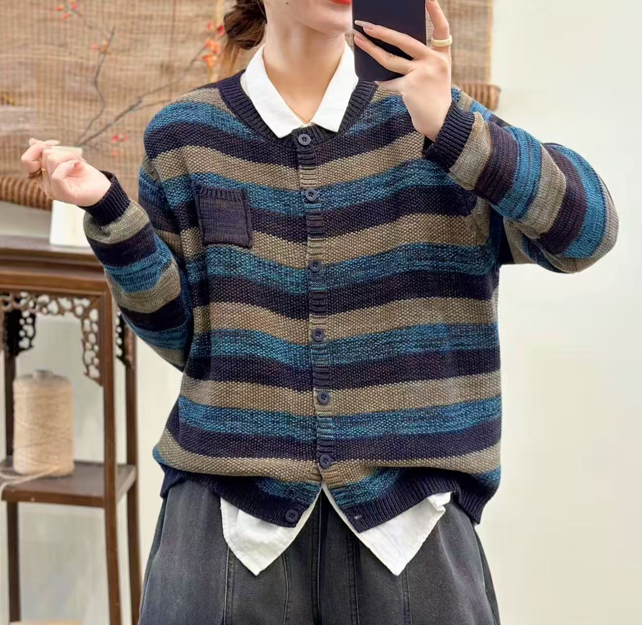 【曼迪芬妮】MY089复古条纹针织开衫女秋冬新款时尚百搭宽松外套