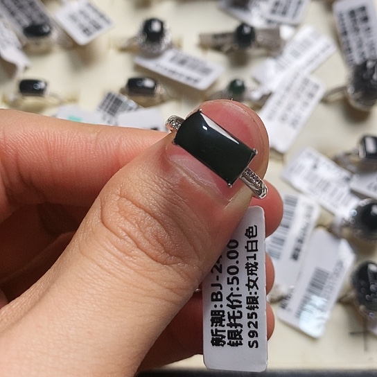 翡翠银S925镶嵌戒指缅甸天然a货墨翠