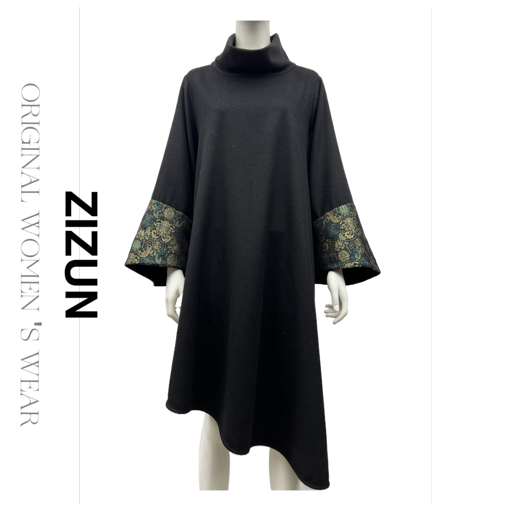 ZIZUN/姿尊秋冬季袖口拼接宽松调性大袖口女士连衣裙