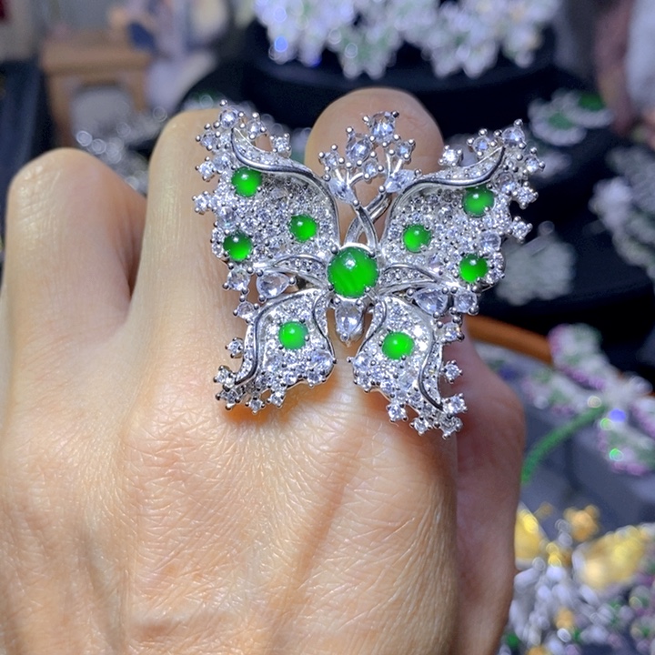 翡翠戒指银S925镶嵌天然翡翠