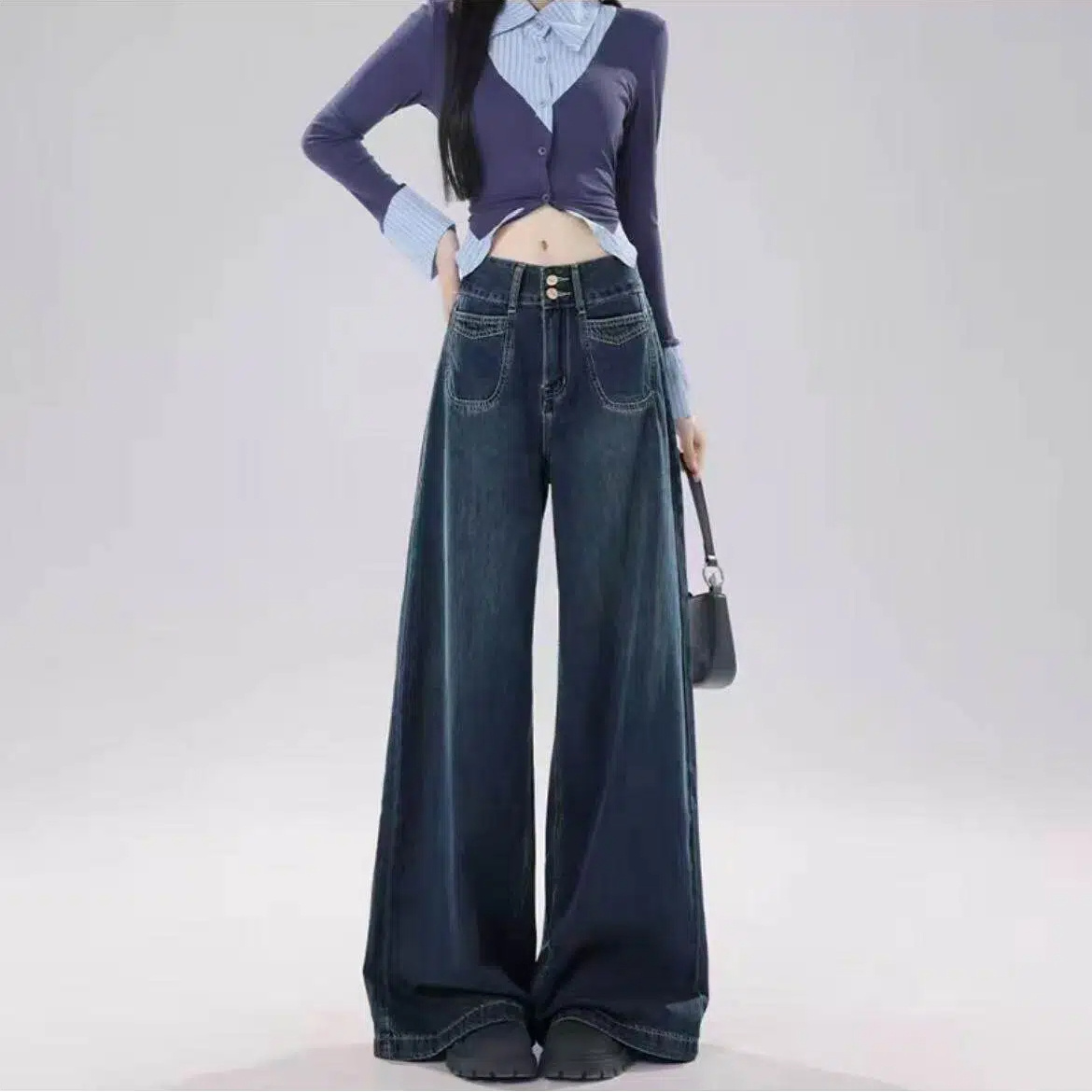 【现货秒发1＋运费险】秋冬款复古蓝直筒牛仔裤女高腰显瘦垂感阔腿裤