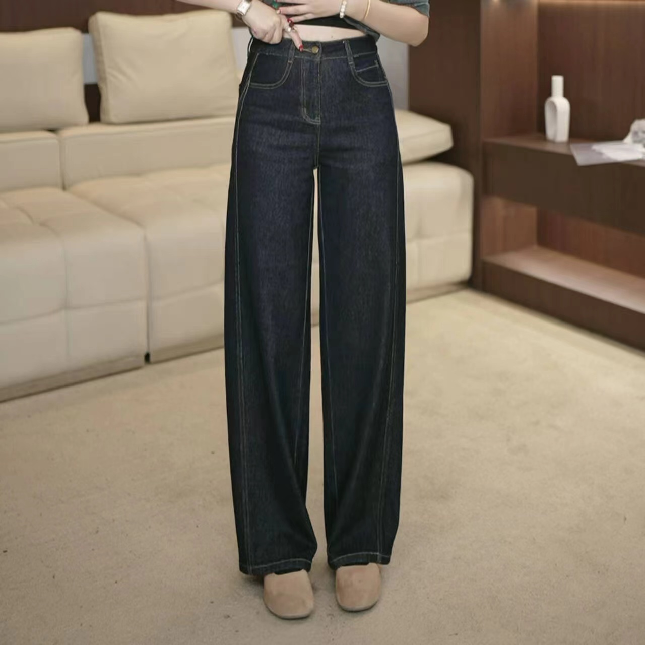 复古窄版阔腿裤女2025早秋时尚简约休闲显瘦高腰阔腿牛仔裤子3371